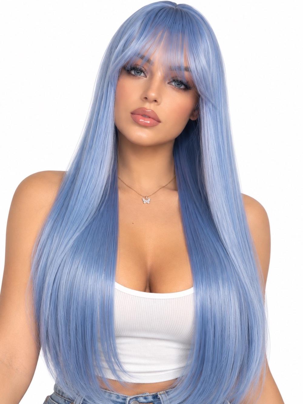 Synthetic Long Straight Wig with Blunt Bangs - Light Blue 24 inches long